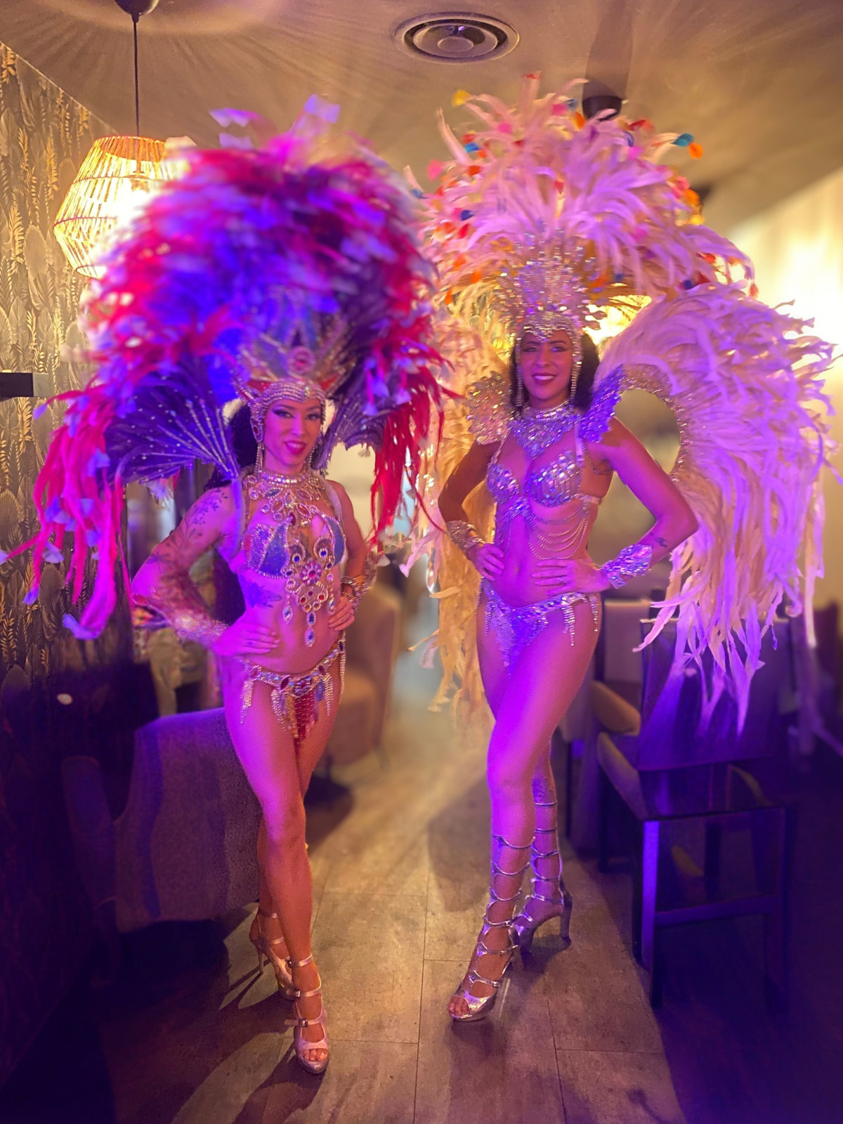 Marjo et Fernanda dans une tenue éblouissante avec des plumes et des strass